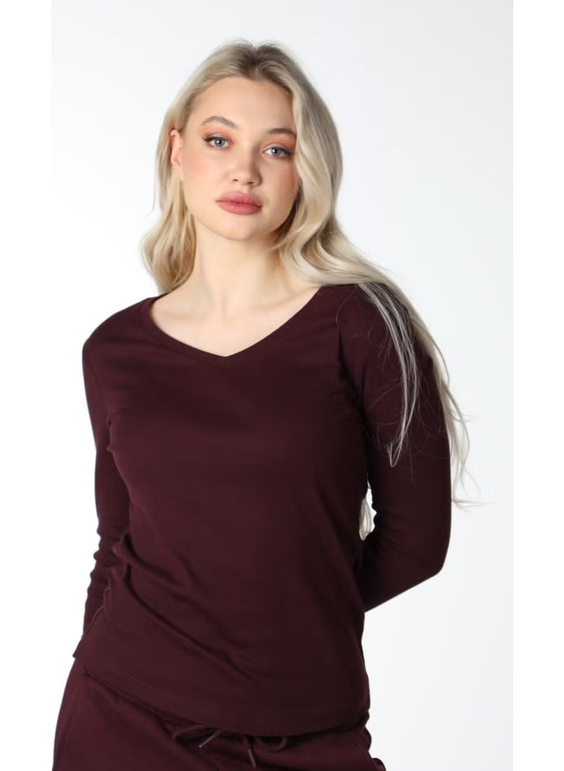 Defy's Women's Long Sleeve V Neck T-Shirt Plum - Image 3
